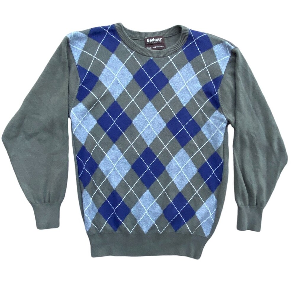 Barbour Made in Scotland Cashmere Blend Argyle Sweater Green Blue Old Money-S